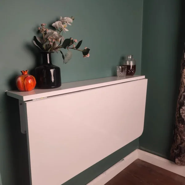 Wall-Mounted Folding Murphy Table with Shelves for Home Office - White, Medium