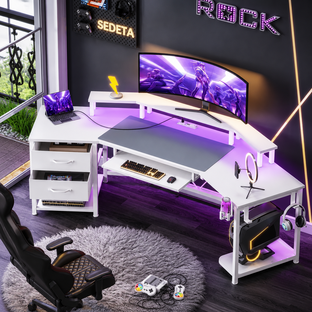 79" Gaming Desk, Computer Desk with 2 Fabric Drawers & LED Light, L Shaped Gaming Desk with Storage Shelf for Home Office, Carbon Fiber Black - Carbon Fiber, White