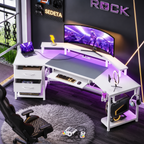 79" Gaming Desk, Computer Desk with 2 Fabric Drawers & LED Light, L Shaped Gaming Desk with Storage Shelf for Home Office, Carbon Fiber Black - Carbon Fiber, White