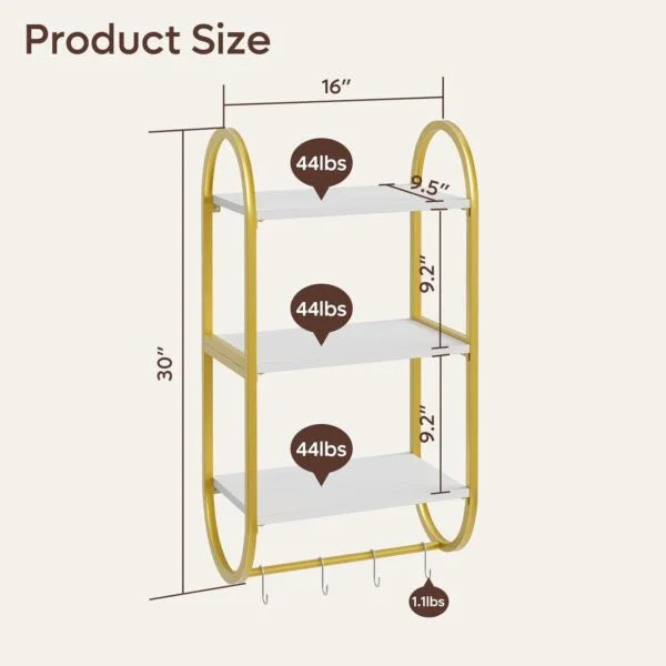 3 Tier Wall Shelves for Bathroom with Towel Bar and Hooks - Small