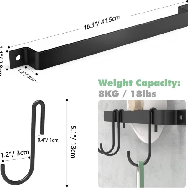 Kitchen Rail with 15 Hooks, 16 Inch Wall Mounted Hanging Utensil Rack.