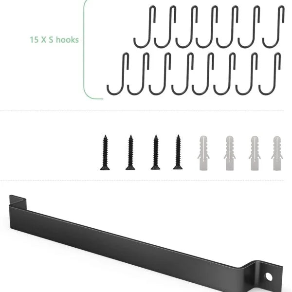 Kitchen Rail with 15 Hooks, 16 Inch Wall Mounted Hanging Utensil Rack.