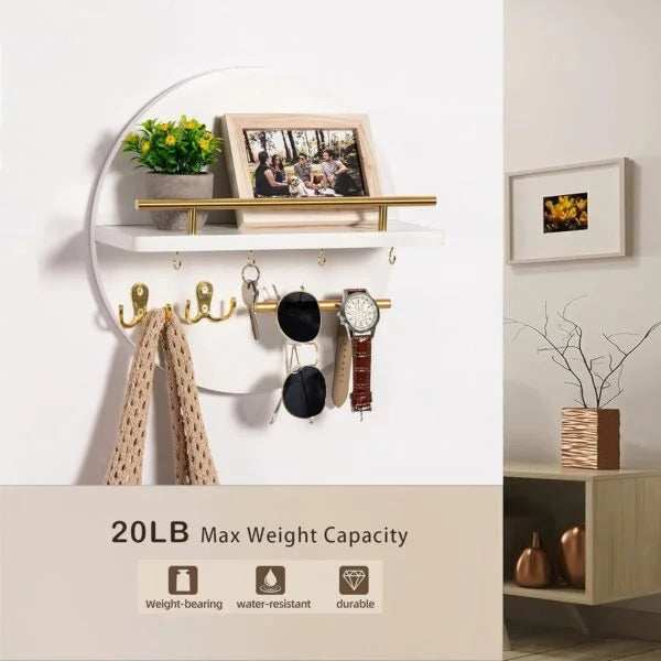 Wall Key Holder with Shelf, Hooks, and Mail Organizer - Black, 12.4"12.4"4.9