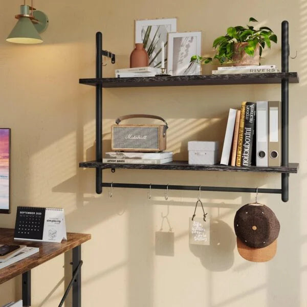 Wall Mounted Shelf with Towel Bar Hooks - Black, Large