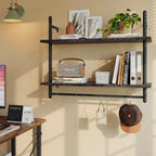Wall Mounted Shelf with Towel Bar Hooks - Black, Large