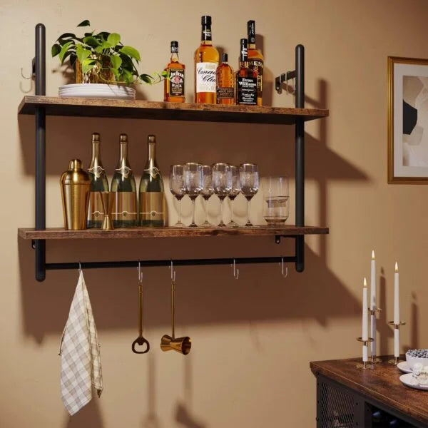 Wall Mounted Shelf with Towel Bar Hooks - Black, Large