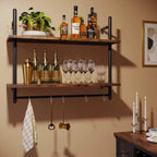 Wall Mounted Shelf with Towel Bar Hooks - Black, Large
