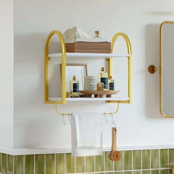 3 Tier Wall Shelves for Bathroom with Towel Bar and Hooks - Small