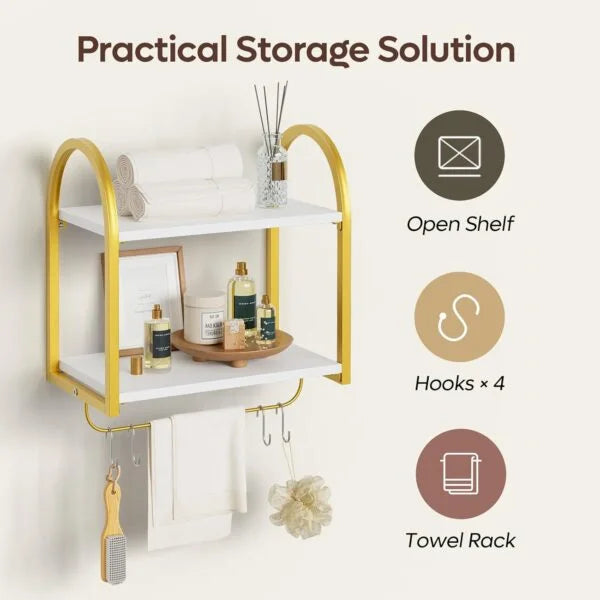 3 Tier Wall Shelves for Bathroom with Towel Bar and Hooks - Small