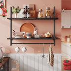 Wall Mounted Shelf with Towel Bar Hooks - Black, Large