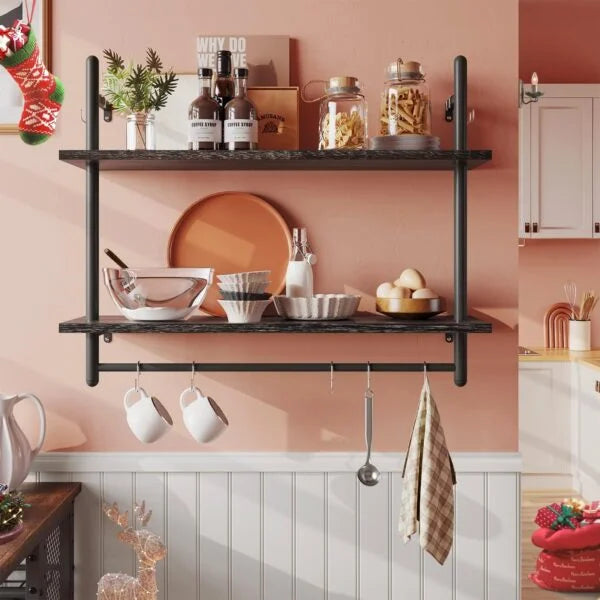 Wall Mounted Shelf with Towel Bar Hooks - Black, Large