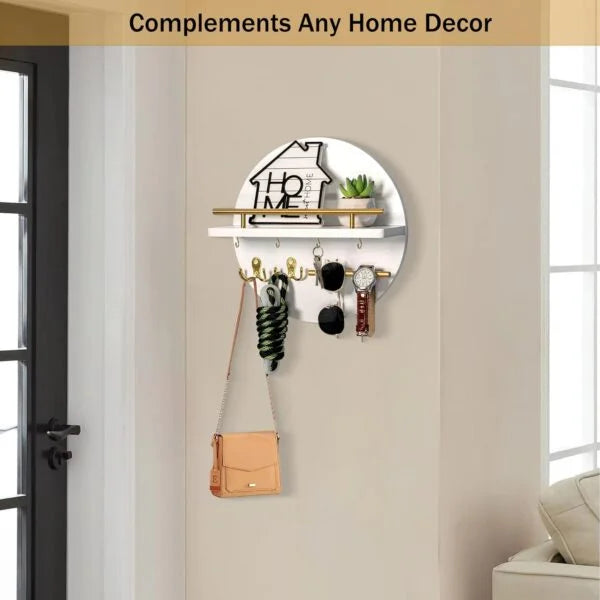 Wall Key Holder with Shelf, Hooks, and Mail Organizer - Black, 12.4"12.4"4.9