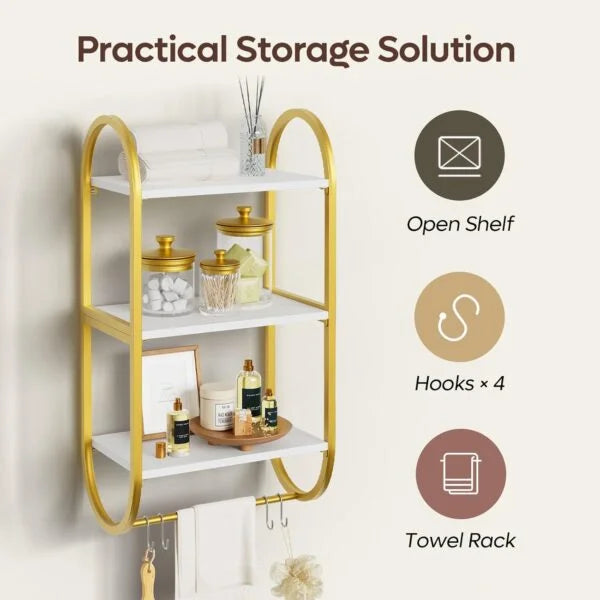 3 Tier Wall Shelves for Bathroom with Towel Bar and Hooks - Small