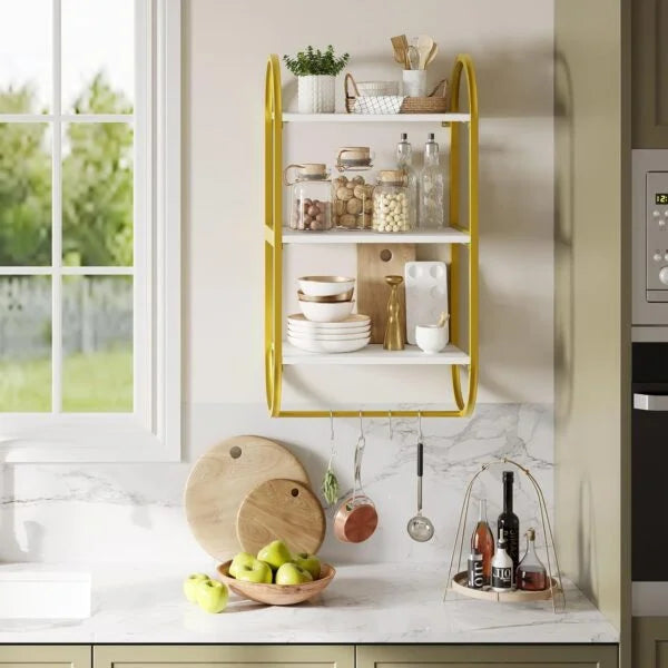 3 Tier Wall Shelves for Bathroom with Towel Bar and Hooks - Small