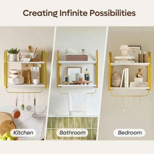 3 Tier Wall Shelves for Bathroom with Towel Bar and Hooks - Small