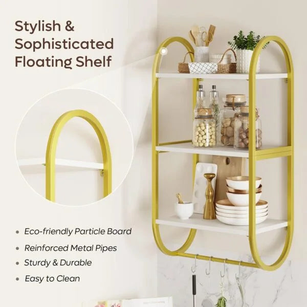 3 Tier Wall Shelves for Bathroom with Towel Bar and Hooks - Small