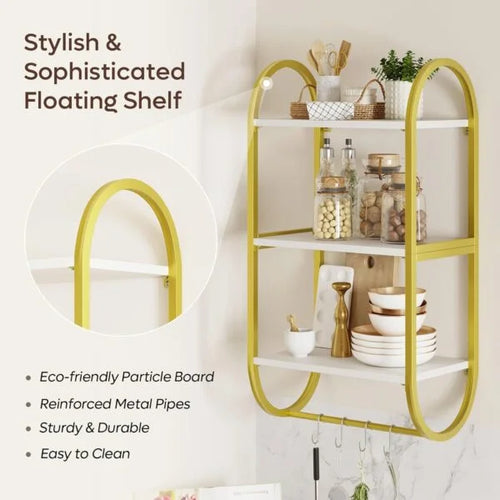 3 Tier Wall Shelves for Bathroom with Towel Bar and Hooks - Small