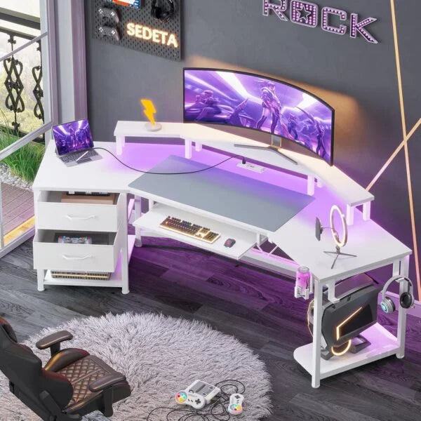 79" Gaming Desk, Computer Desk with 2 Fabric Drawers & LED Light, L Shaped Gaming Desk with Storage Shelf for Home Office, Carbon Fiber Black - Carbon Fiber, White