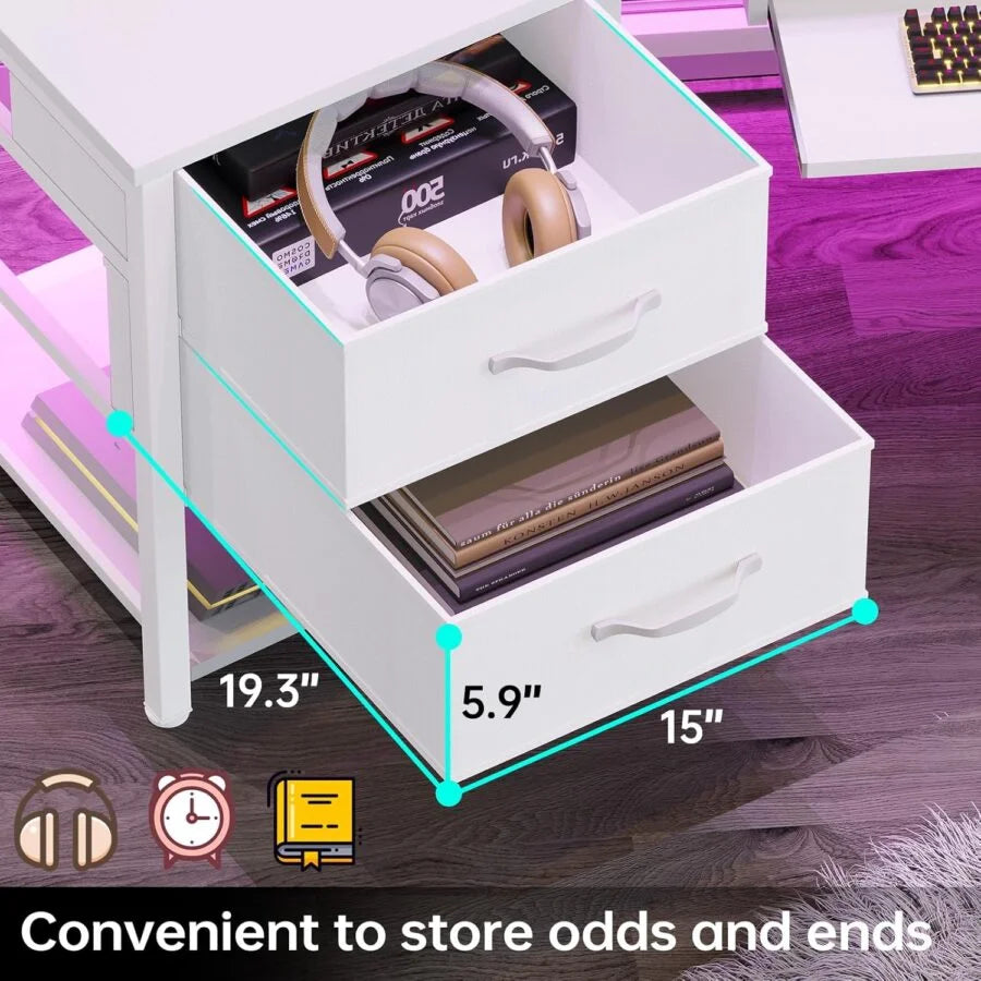 79" Gaming Desk, Computer Desk with 2 Fabric Drawers & LED Light, L Shaped Gaming Desk with Storage Shelf for Home Office, Carbon Fiber Black - Carbon Fiber, White