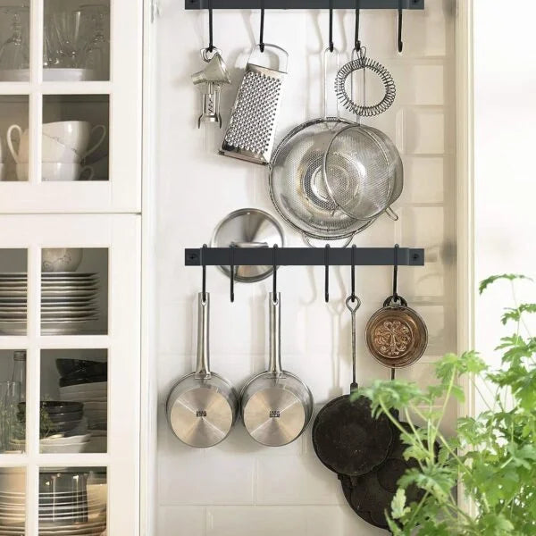 Kitchen Rail with 15 Hooks, 16 Inch Wall Mounted Hanging Utensil Rack.