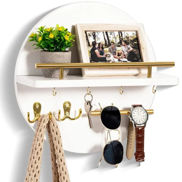 Wall Key Holder with Shelf, Hooks, and Mail Organizer - Black, 12.4"12.4"4.9