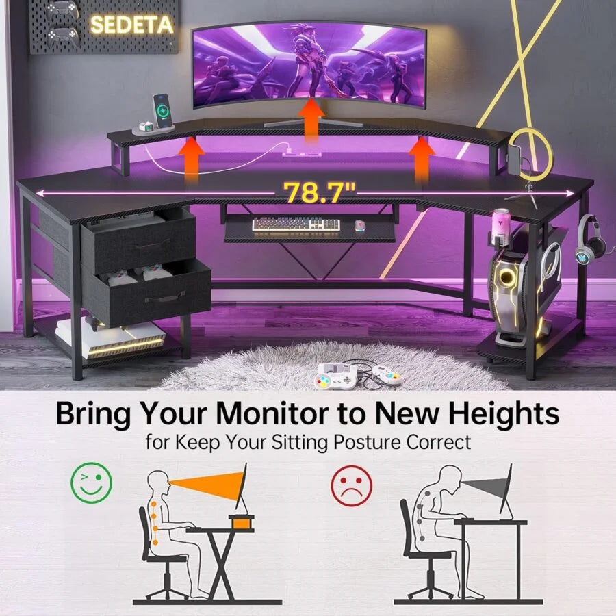 79" Gaming Desk, Computer Desk with 2 Fabric Drawers & LED Light, L Shaped Gaming Desk with Storage Shelf for Home Office, Carbon Fiber Black - Carbon Fiber, White