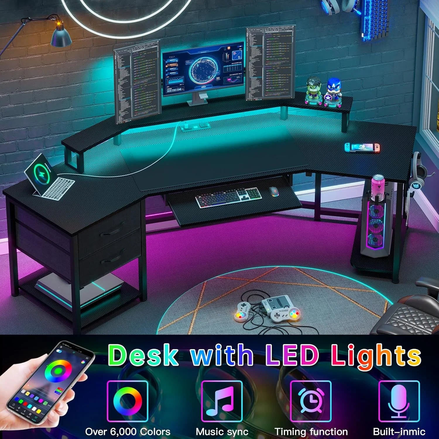 79" Gaming Desk, Computer Desk with 2 Fabric Drawers & LED Light, L Shaped Gaming Desk with Storage Shelf for Home Office, Carbon Fiber Black - Carbon Fiber, White