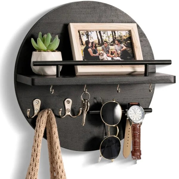 Wall Key Holder with Shelf, Hooks, and Mail Organizer - Black, 12.4"12.4"4.9