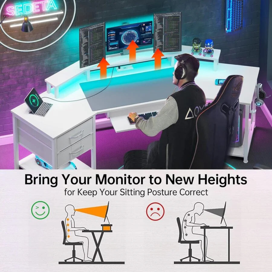 79" Gaming Desk, Computer Desk with 2 Fabric Drawers & LED Light, L Shaped Gaming Desk with Storage Shelf for Home Office, Carbon Fiber Black - Carbon Fiber, White