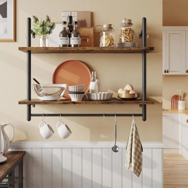 Wall Mounted Shelf with Towel Bar Hooks - Black, Large
