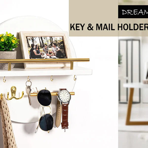 Wall Key Holder with Shelf, Hooks, and Mail Organizer - Black, 12.4"12.4"4.9