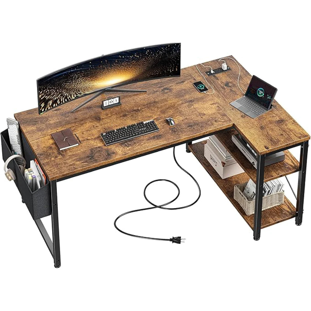 L Shaped Desk 66 inch Corner Desk with Storage Shelf Writing Computer Desk Saving Space for Home Office PC Workstation Laptop Table, White (customised ) - Brown