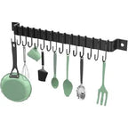 Kitchen Rail with 15 Hooks, 16 Inch Wall Mounted Hanging Utensil Rack.