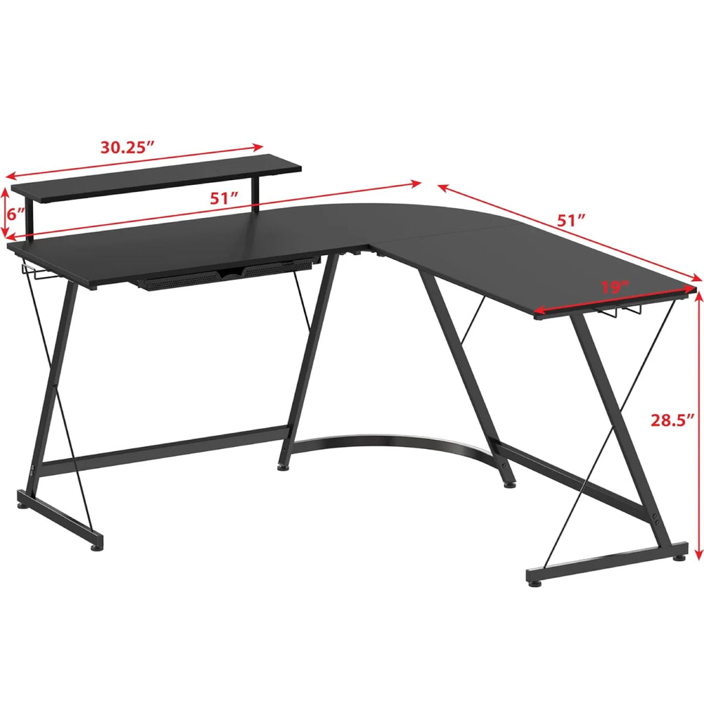 51 x 51 Inches Vista L-Shaped Desk with Monitor Stand and Drawer, Black