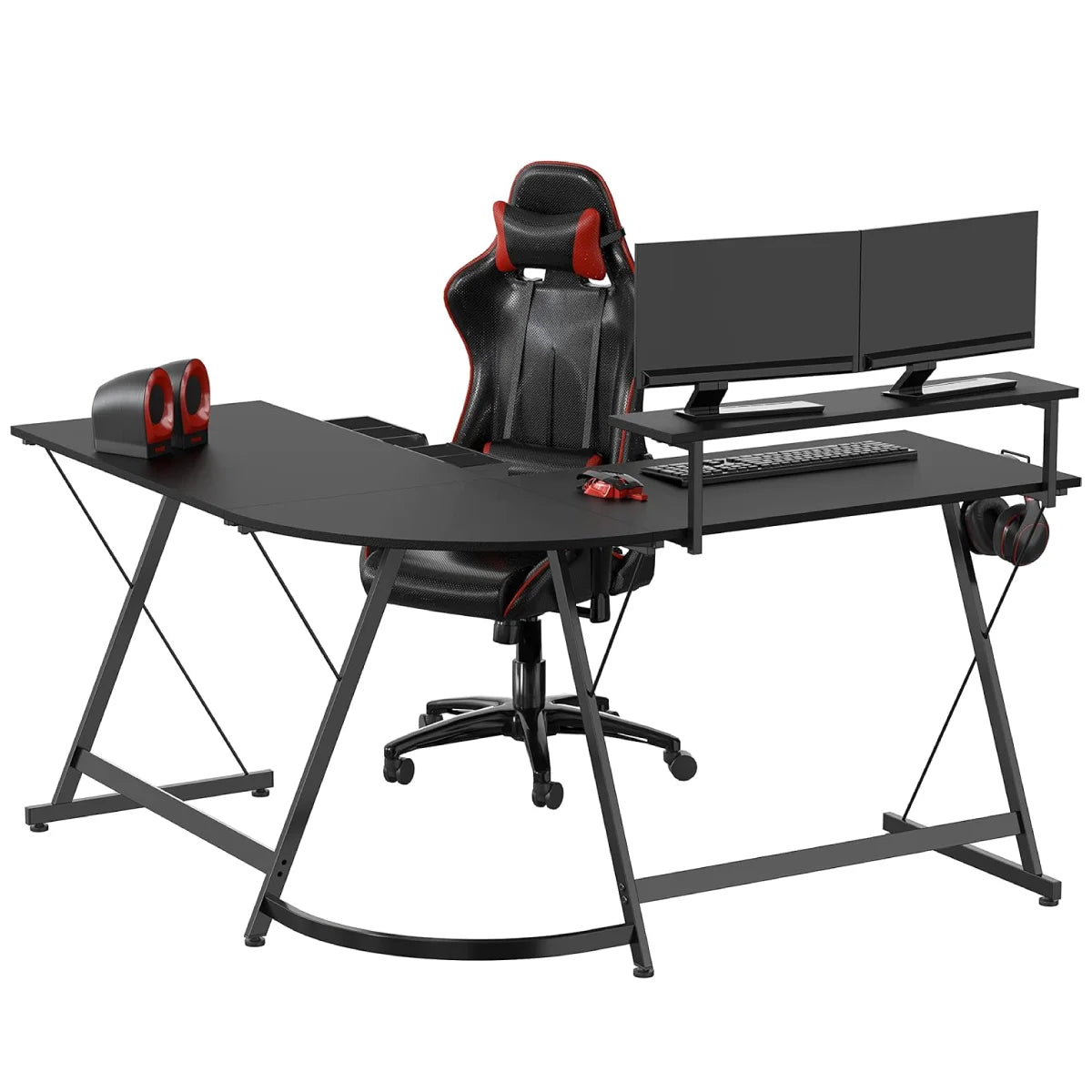51 x 51 Inches Vista L-Shaped Desk with Monitor Stand and Drawer, Black