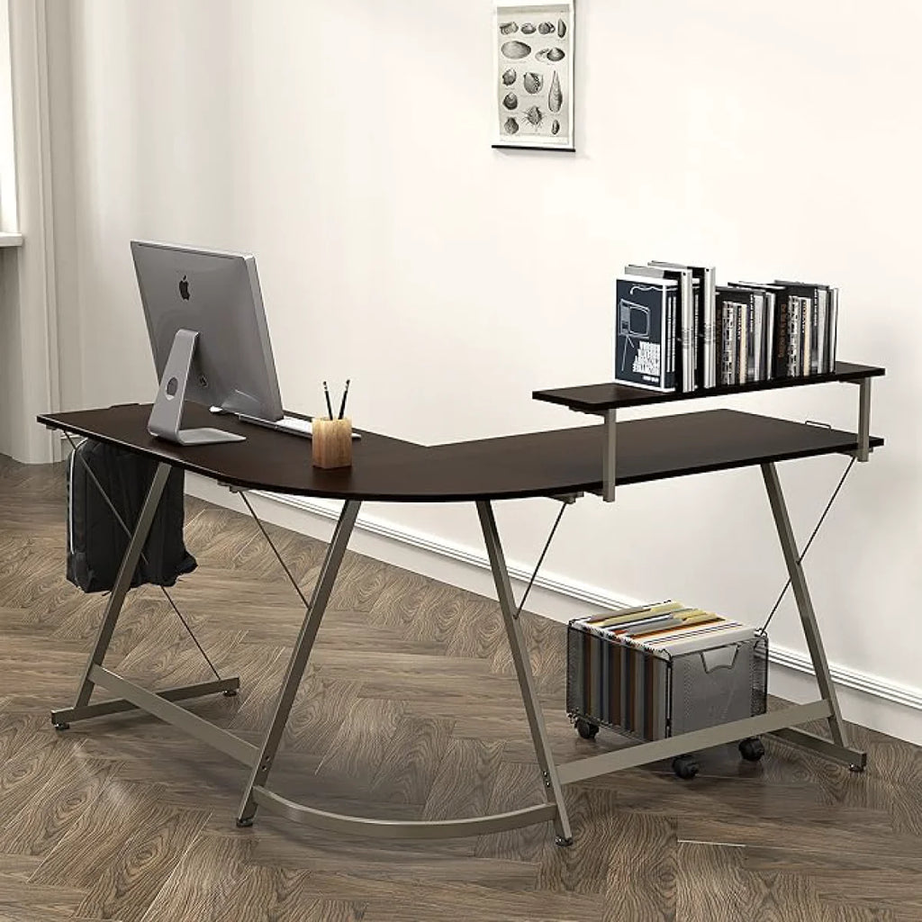 51 x 51 Inches Vista L-Shaped Desk with Monitor Stand and Drawer, Black