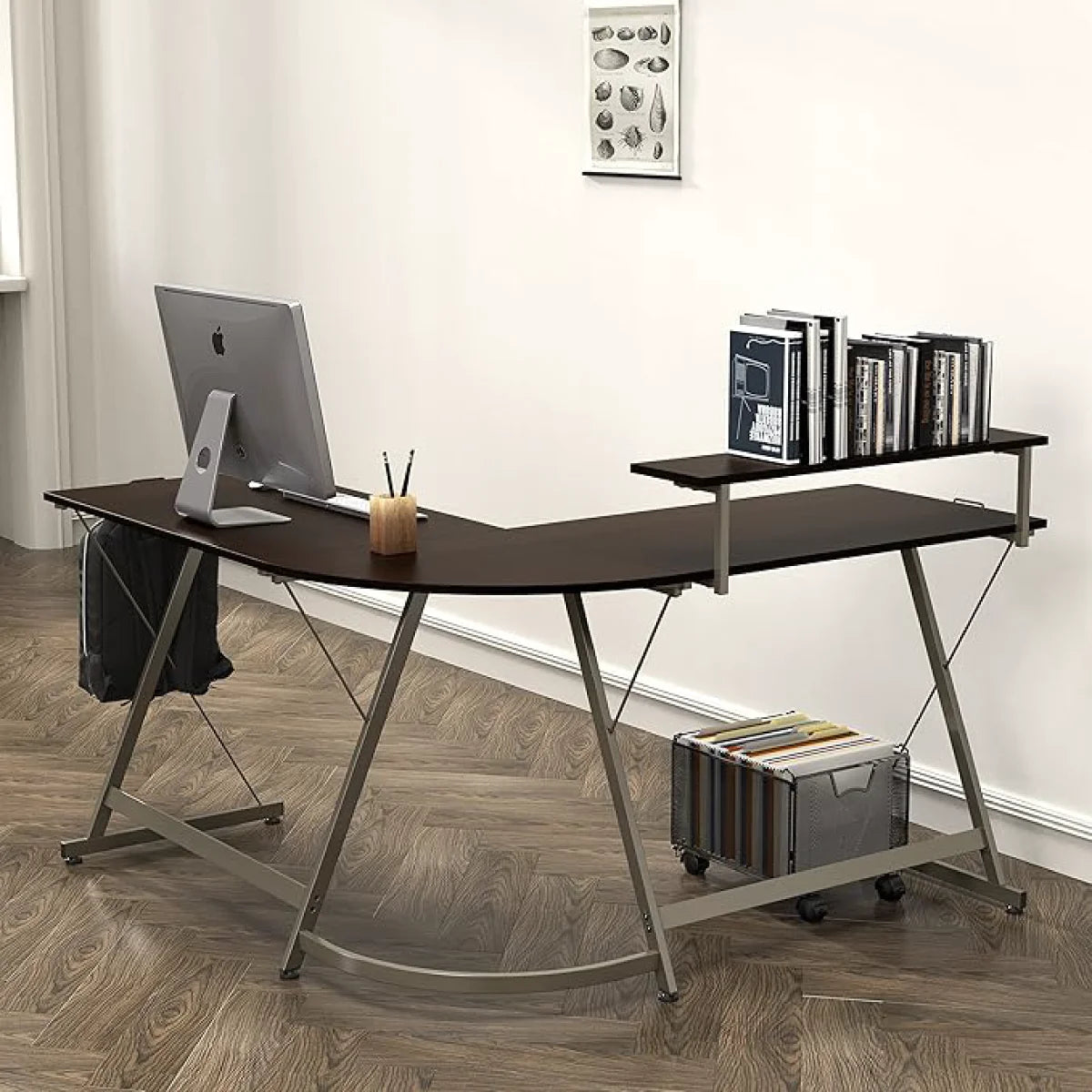 51 x 51 Inches Vista L-Shaped Desk with Monitor Stand and Drawer, Black