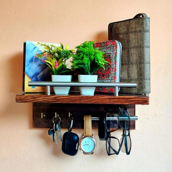 Wall Key Holder with Shelf, Hooks, Mail & Sunglasses Organizer - Brown, 12"7"5