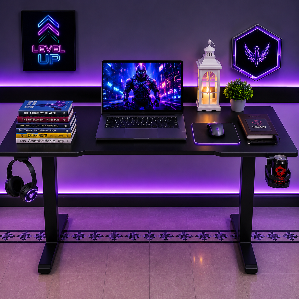 48-Inch Gaming Desk with LED Lights, Glossy Waterproof Top - 5 Feet