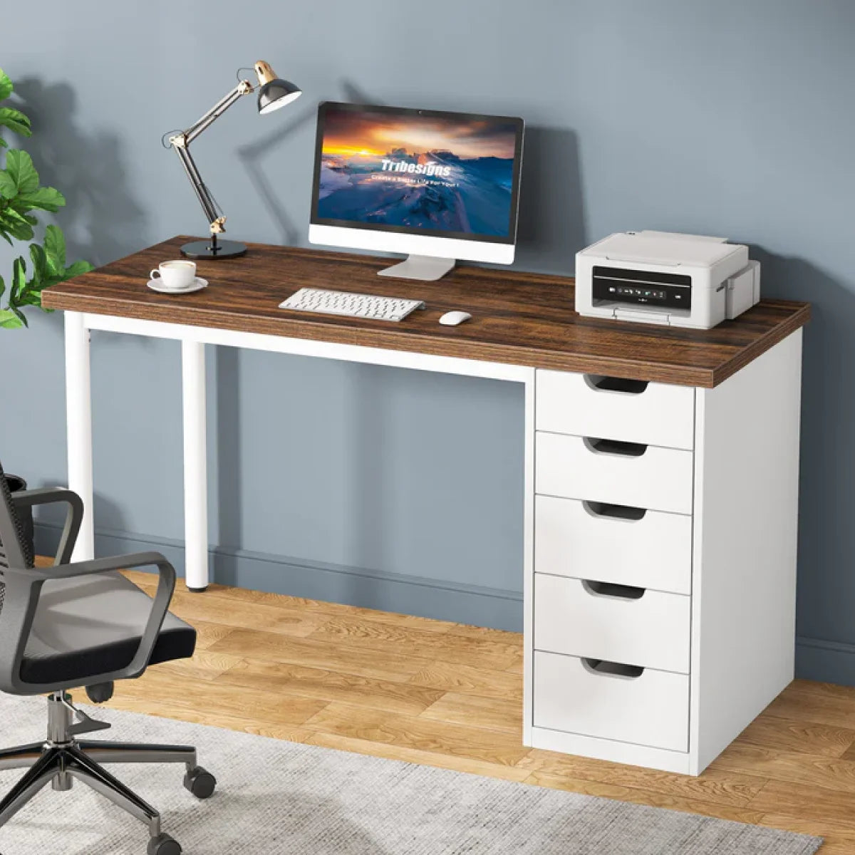 Computer Desk with 5 Drawers, 48 inches Home Office Desk with Storage, Modern Simple Laptop Desk Study Writing Table for Small Spaces - Brown+Black