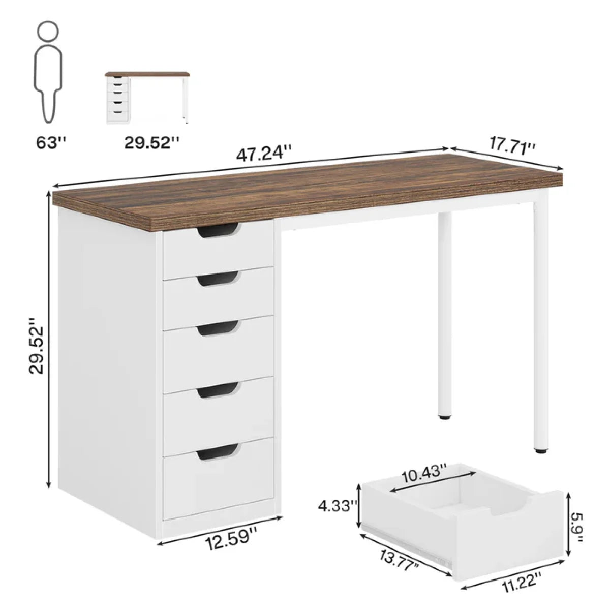 Computer Desk with 5 Drawers, 48 inches Home Office Desk with Storage, Modern Simple Laptop Desk Study Writing Table for Small Spaces - Brown+Black
