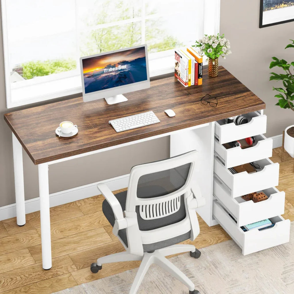 Computer Desk with 5 Drawers, 48 inches Home Office Desk with Storage, Modern Simple Laptop Desk Study Writing Table for Small Spaces - Brown+Black