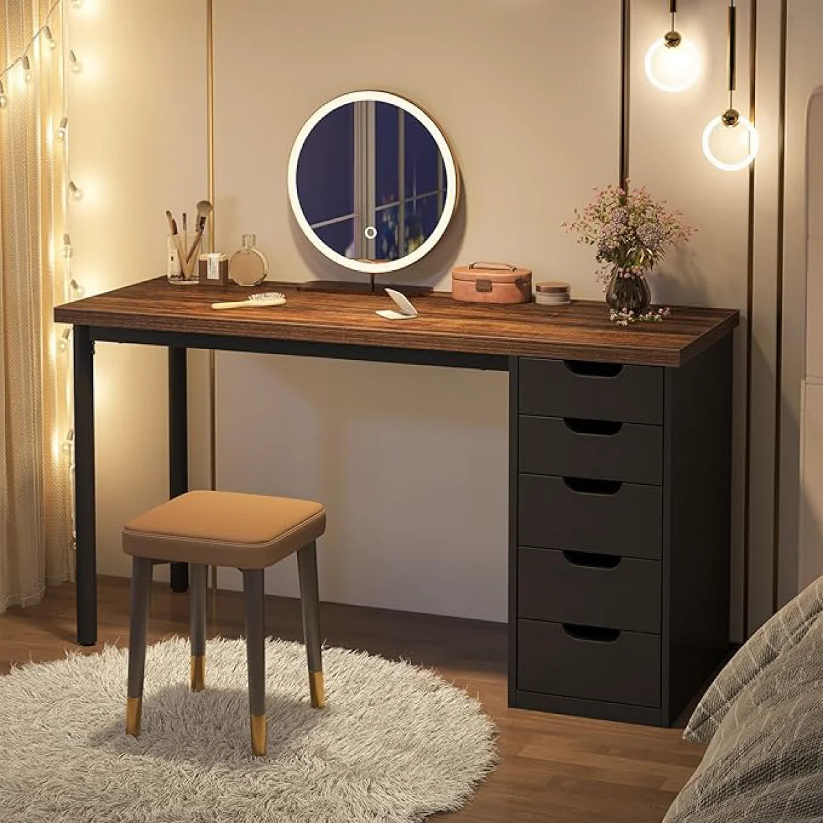 Computer Desk with 5 Drawers, 48 inches Home Office Desk with Storage, Modern Simple Laptop Desk Study Writing Table for Small Spaces - Brown+Black