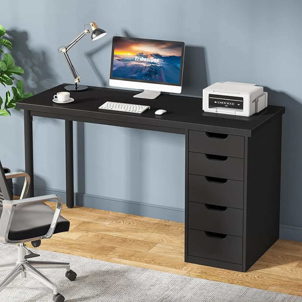 Computer Desk with 5 Drawers, 48 inches Home Office Desk with Storage, Modern Simple Laptop Desk Study Writing Table for Small Spaces - Brown+Black