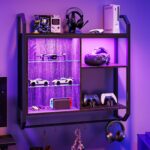 Bestier Gaming Floating Shelves, 34" LED Wall Mounted Shelf with Adjustable Shelf, Pipe Shelves Hanging Display Rack Bookshelf with 6 S-Hook, Gaming Room Decor Wine Coffee Bar Black