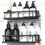 Shower Caddy Adhesive, No Drill Bathroom Shower Organizers, with Removable Hooks, Rust Proof Shower Shelves, Wall-Mounted Shower Holder, Bright Black, 2 Pack