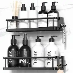 Shower Caddy Adhesive, No Drill Bathroom Shower Organizers, with Removable Hooks, Rust Proof Shower Shelves