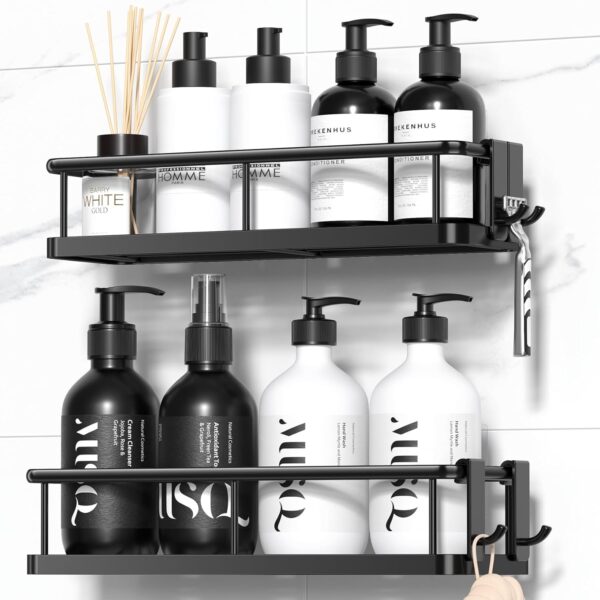 Shower Caddy Adhesive, No Drill Bathroom Shower Organizers, with Removable Hooks, Rust Proof Shower Shelves, Wall-Mounted Shower Holder, Bright Black, 2 Pack