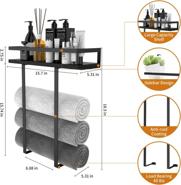 Towel Racks for Bathroom Wall Mounted, Xstydes Metal Towel Holder with Wooden Shelf for Folding Large Towels, Towel Storage for Small Bathroom Organizer Decor or RV Camping - Image 2