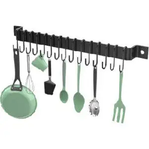 Kitchen Rail with 15 Hooks, 16 Inch Wall Mounted Hanging Utensil Rack.